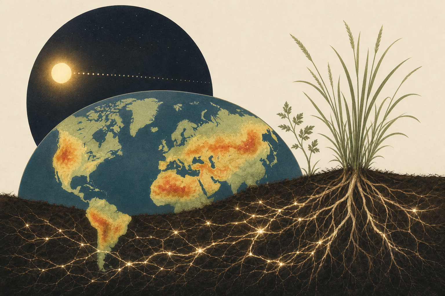 A hidden fungal network longer than the distance to the Sun wraps the roots of 70% of Earth's plants, and the first global map finds it densest not under rainforests but wild grasslands