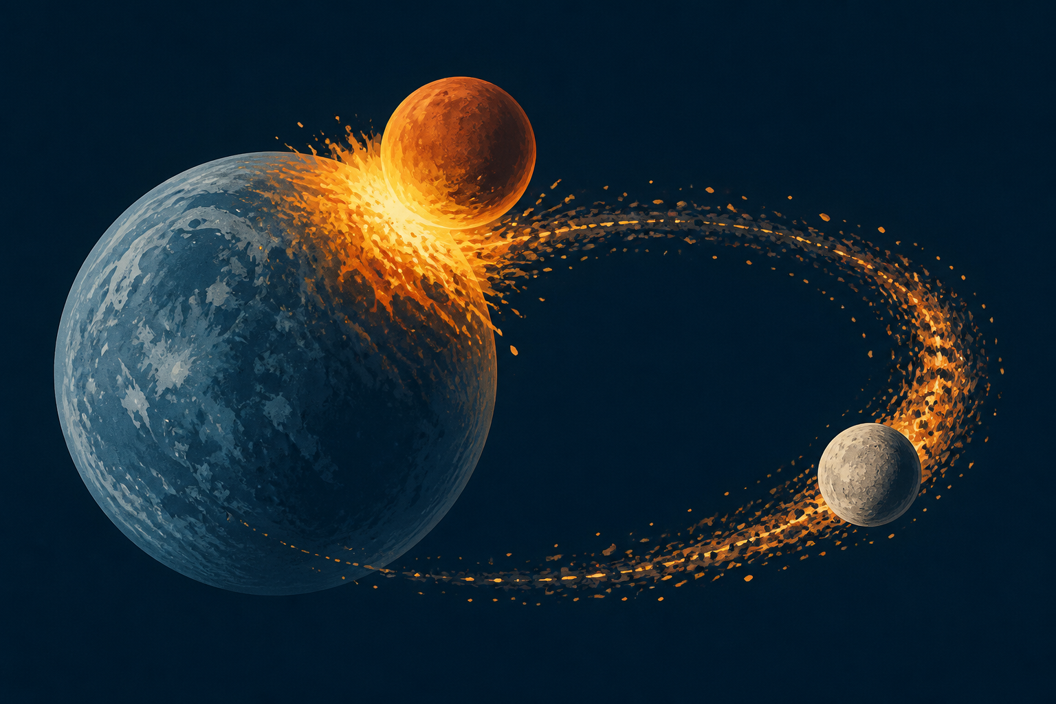 At its birth, Earth had no Moon. Then something perhaps the size of Mars slammed into the young planet, flinging molten debris into orbit that became the companion world now pulling our tides, steadyi