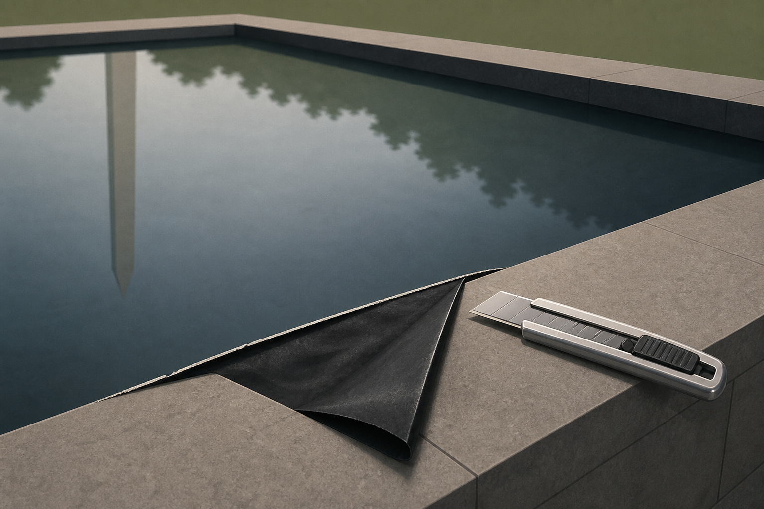 Reflecting Pool liner was cut with a sharp knife or razor, official says