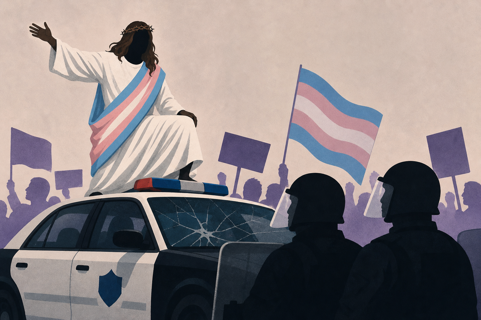 Trans March Participant Dressed as Jesus Climbs SFPD Patrol Car as Police Clash With Marchers