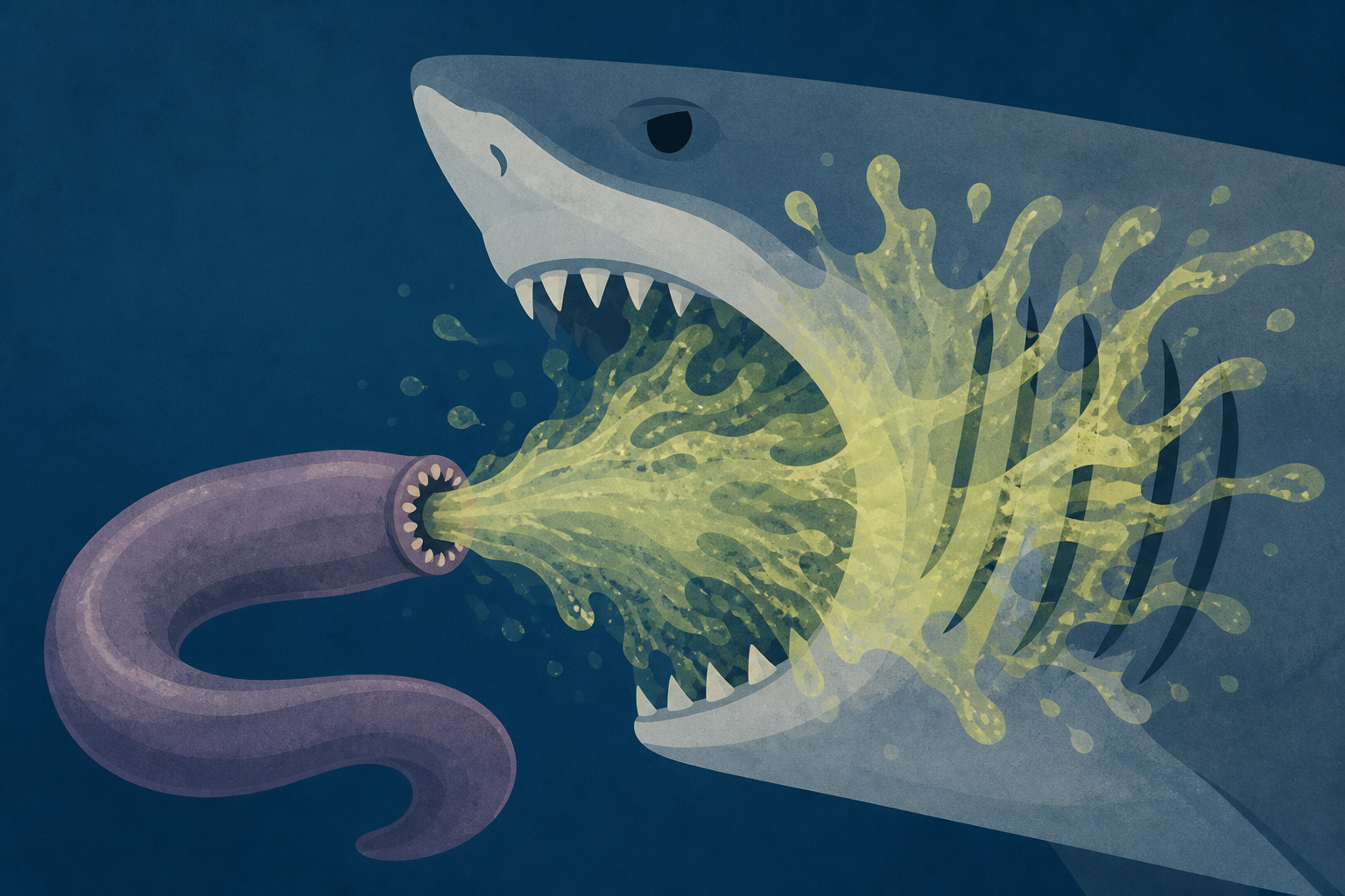 When a shark bites down on a hagfish, the fish floods its attacker's mouth with slime in a fraction of a second, clogging the predator's gills until it gags and lets go