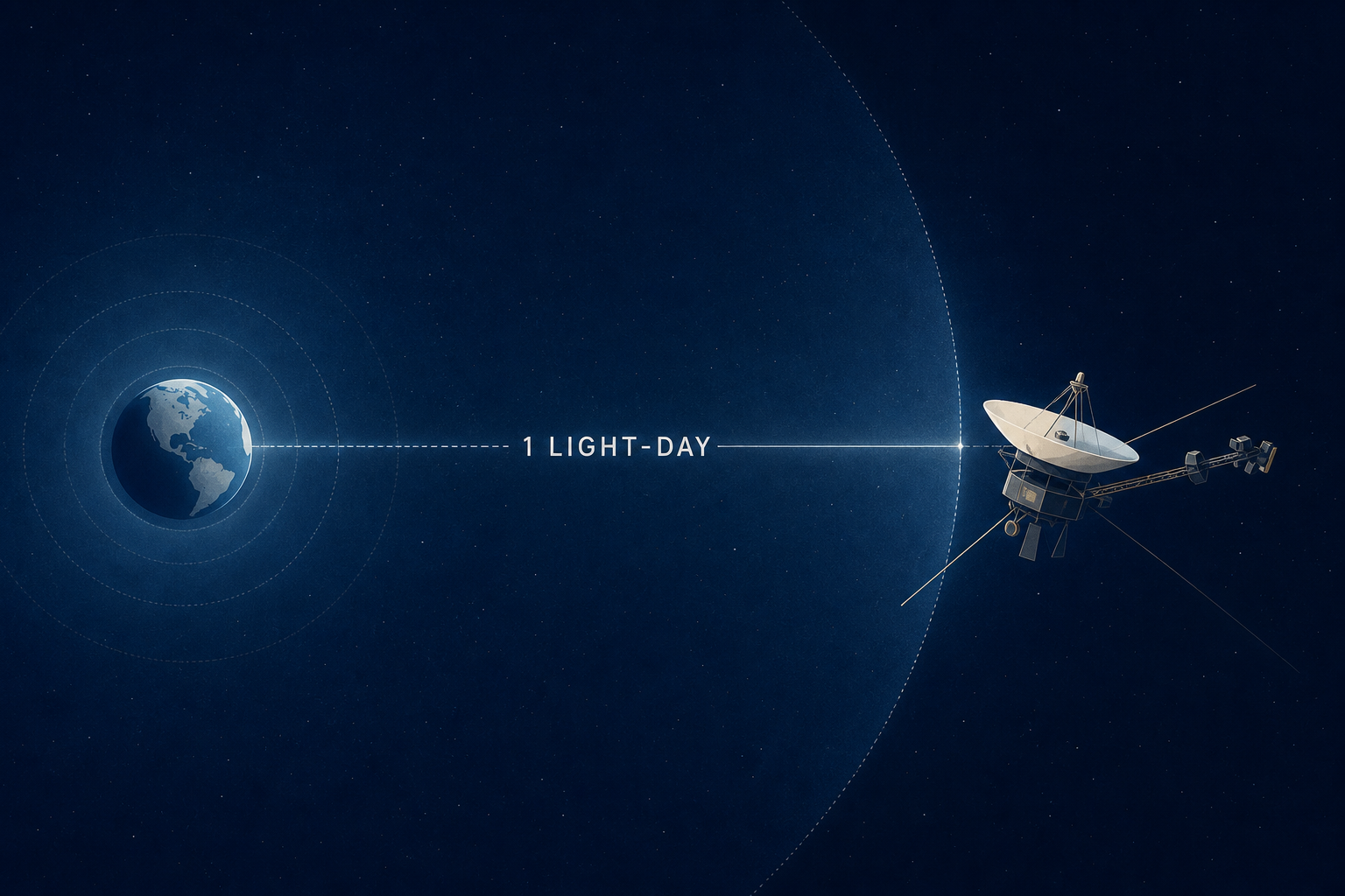 Voyager 1 launched in 1977 on a four-year mission, and in November 2026, nearly half a century later, it will become the first object ever to reach one light-day from Earth — so distant that a signal