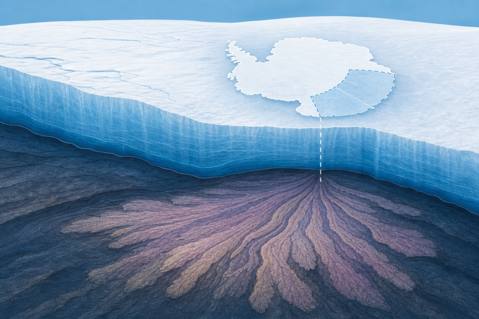 Scientists have detected a giant fan-shaped structure buried beneath the East Antarctic Ice Sheet, suggesting the frozen continent may be hiding the geological scars of the breakup that helped separat