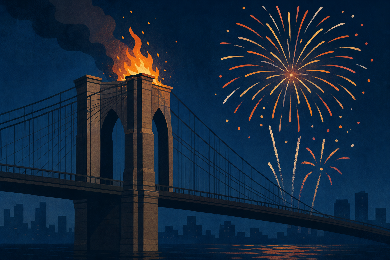 The Brooklyn Bridge Briefly Catches Fire During a Fireworks Display