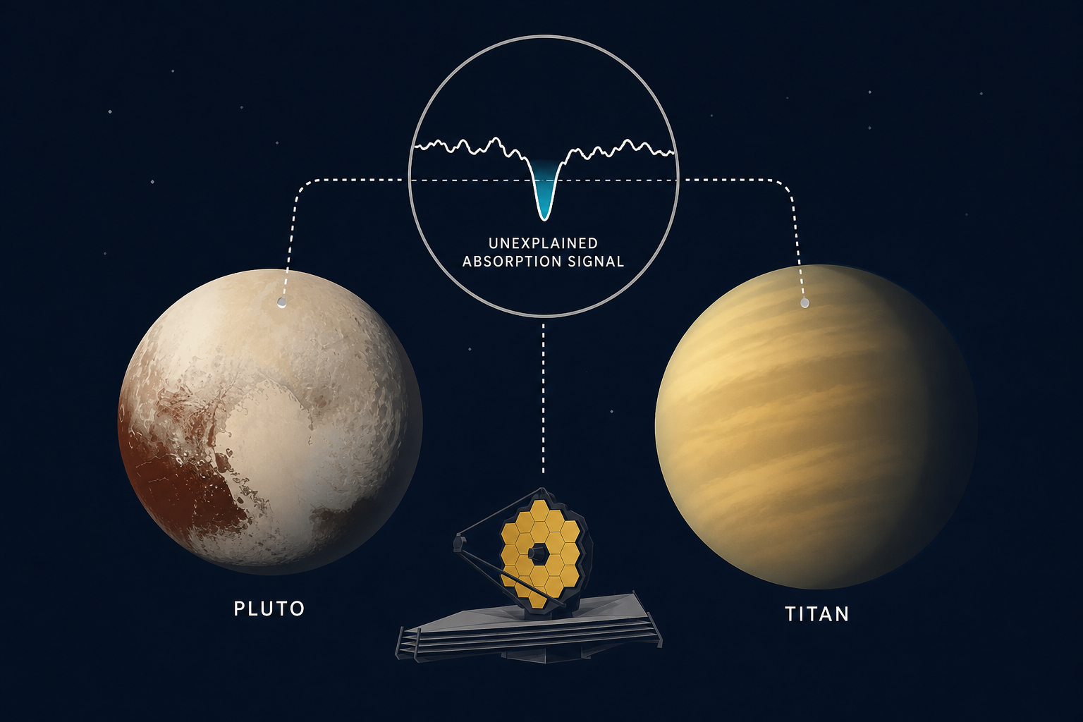 The James Webb Space Telescope has detected the same unexplained absorption signal on the surfaces of Pluto and Titan — two frozen worlds with very different environments but methane-and-nitrogen chem
