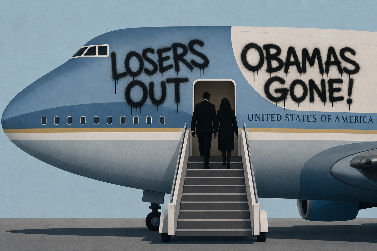 Trump posts a doctored photo portraying Obamas boarding Air Force One spray-painted with graffiti