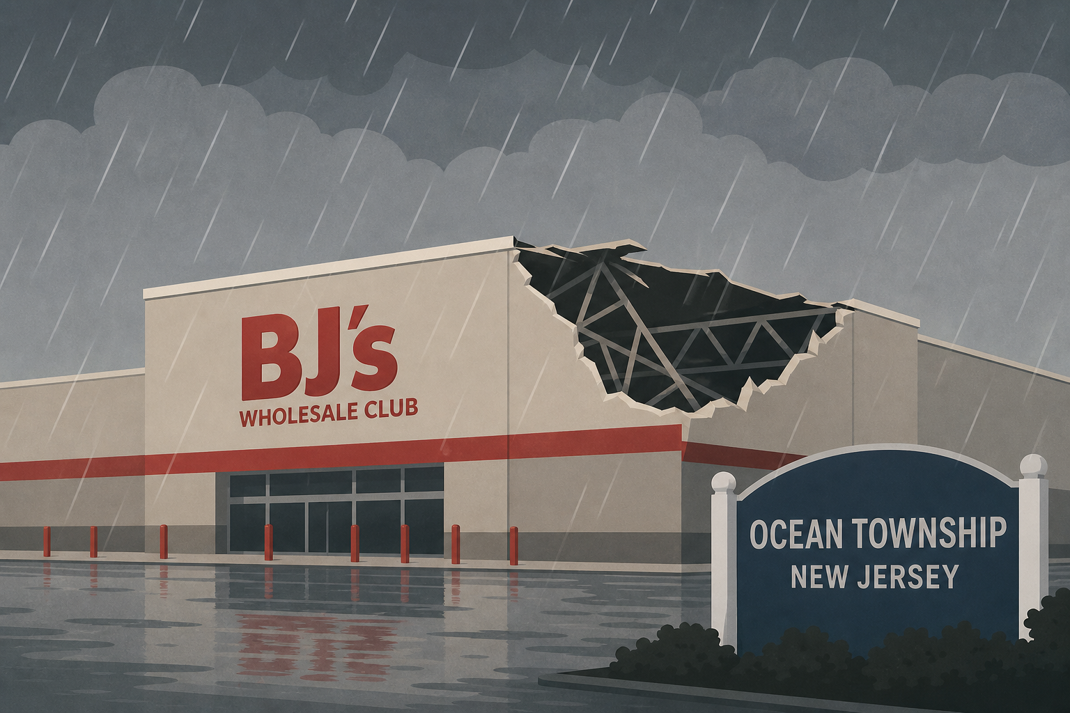 Partial roof collapse at BJ's Wholesale Club in Ocean Township, New Jersey, amid heavy rain