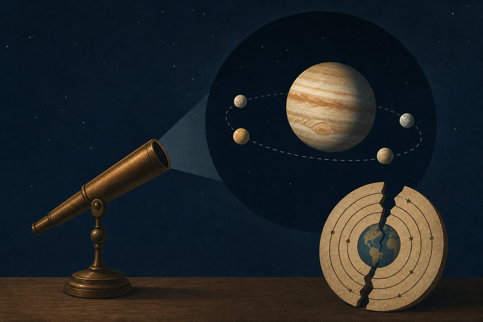 In 1610, Galileo pointed a small telescope at Jupiter and saw four moons orbiting it — a direct contradiction of the idea that everything in the universe orbited Earth, and a moment that did more to e