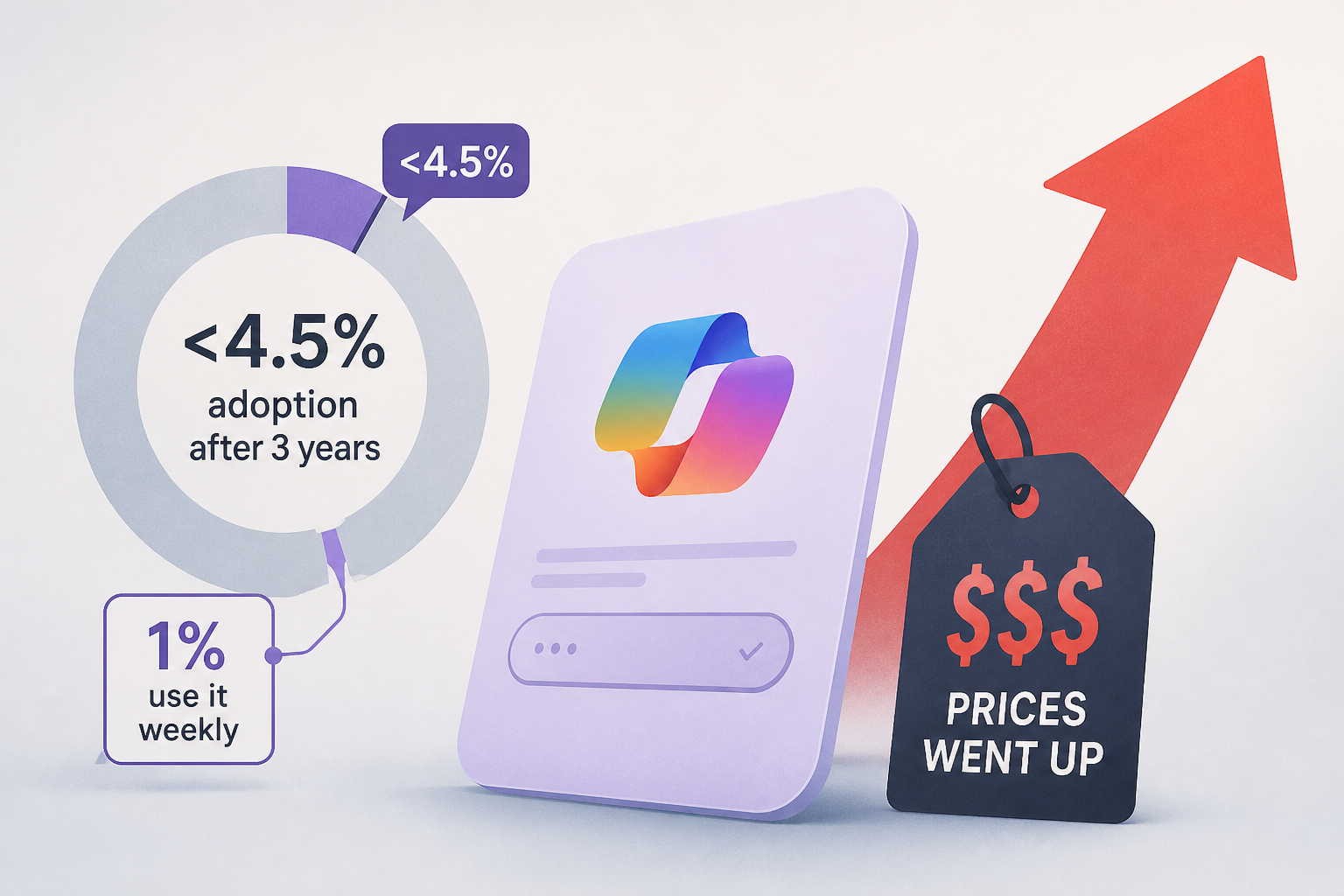 Microsoft 365 Copilot adoption is under 4.5% after 3 years, only 1% use it weekly, yet prices went up