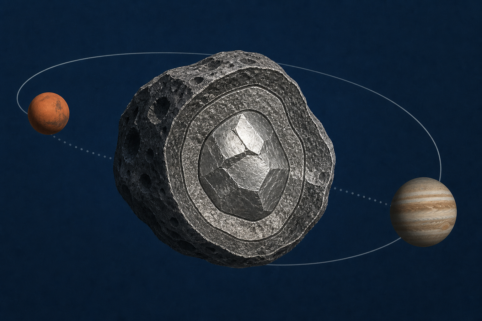 Asteroid 16 Psyche, a metal-rich world roughly 225 kilometres wide orbiting between Mars and Jupiter, may contain extraordinary amounts of iron and nickel — enough that back-of-the-envelope estimates