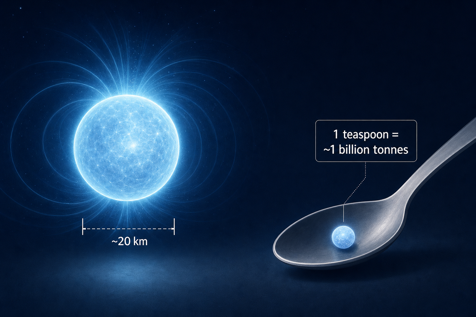 A neutron star can pack more mass than our entire Sun into a sphere only about 20 kilometres across — roughly the size of a city — and a teaspoon of its material would weigh about a billion tonnes on
