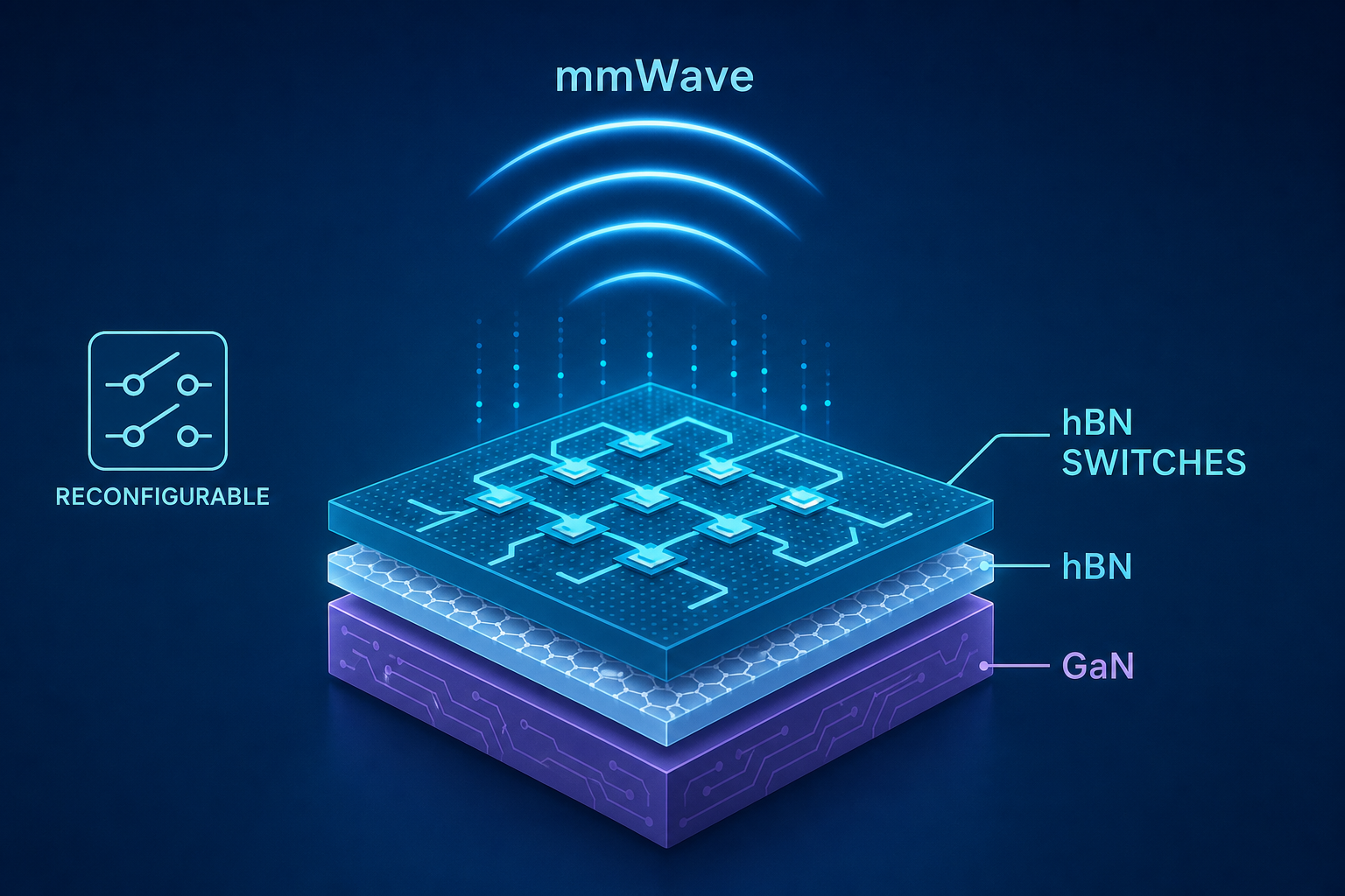 Reconfigurable mmWave microchips co-integrating hBN switches on GaN