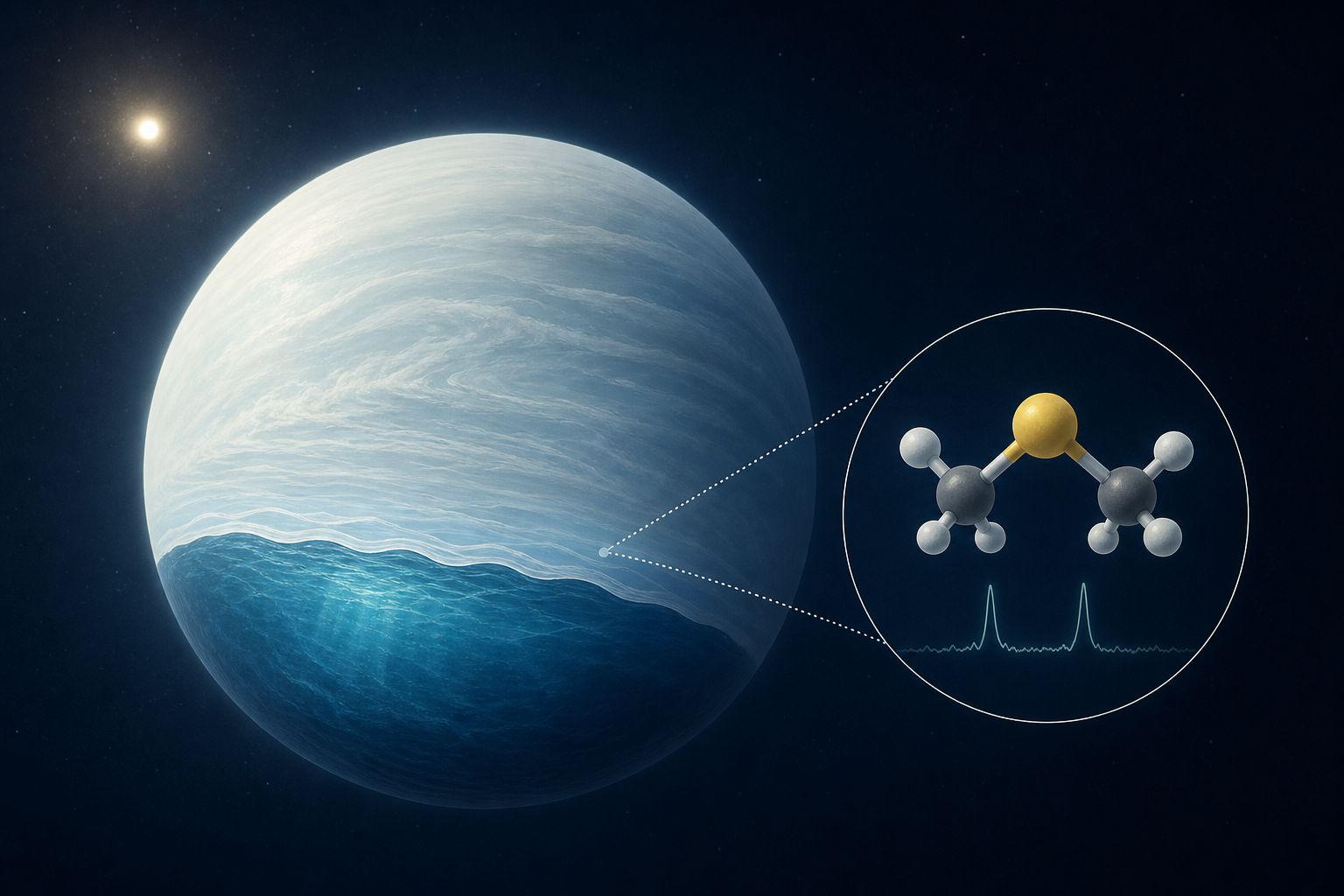 An exoplanet 124 light-years away may harbour a global ocean beneath a hydrogen-rich atmosphere. Webb has produced two tentative hints of dimethyl sulfide—a gas produced mainly by marine microorganism