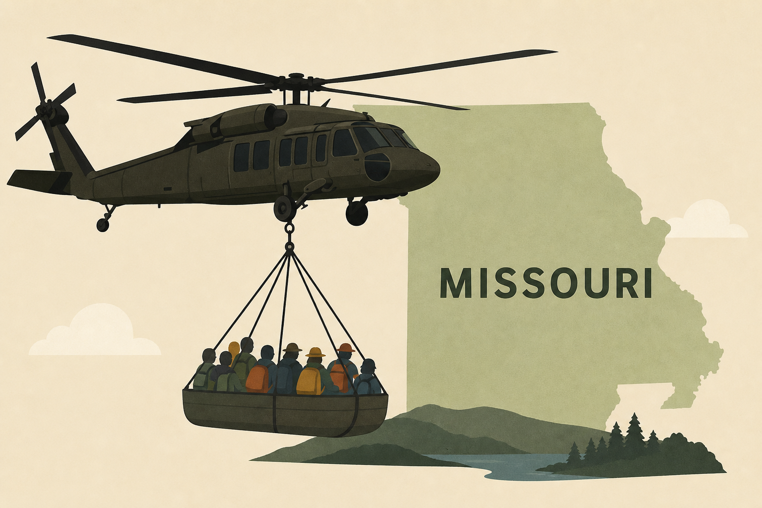Army National Guard Black Hawk helicopters airlift 202 Missouri campers