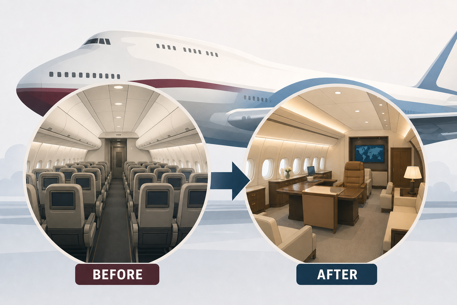 Before-and-after photos show the changes that were made inside the $400M Boeing 747 gifted to the US by Qatar to become new Air Force One