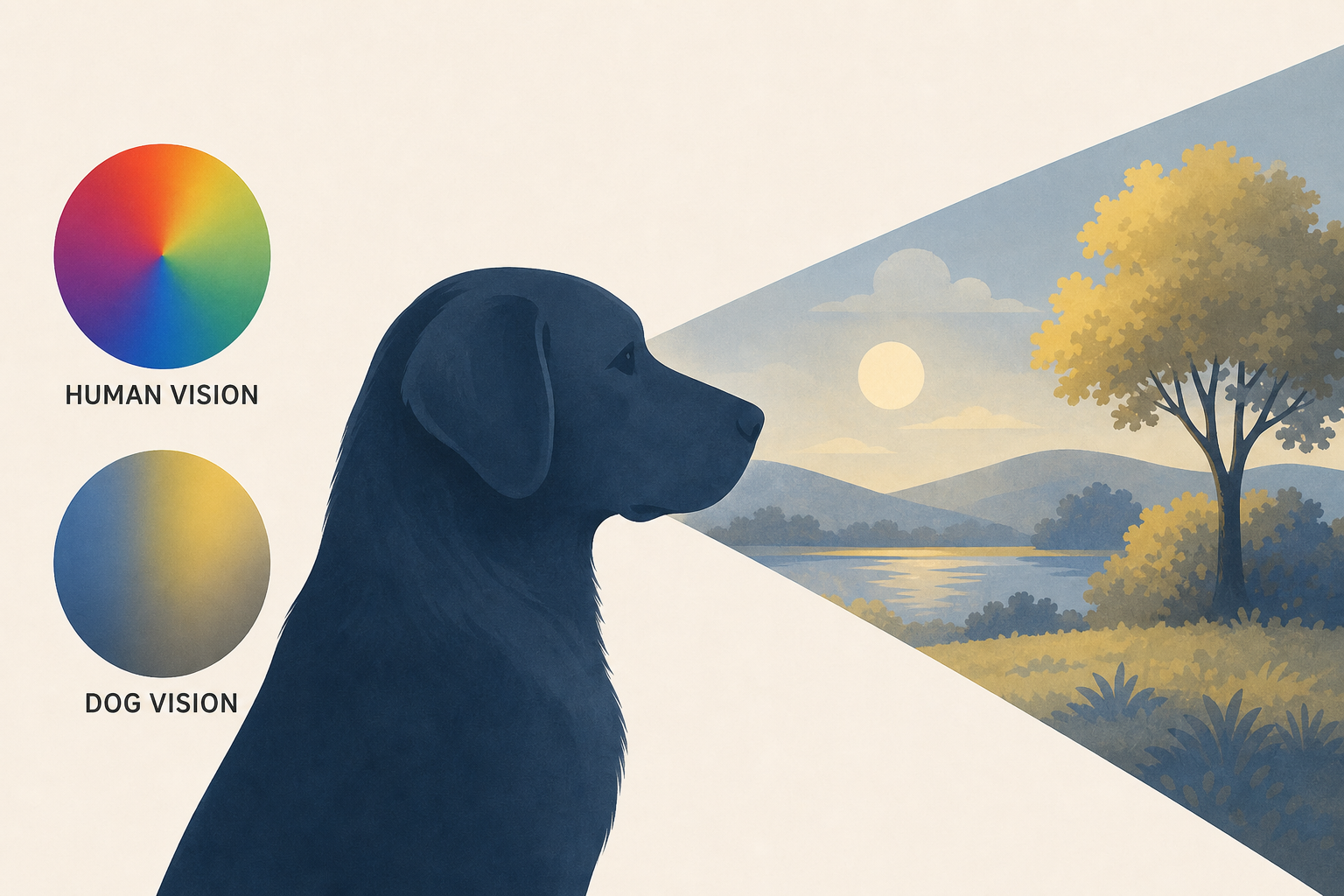 Dogs do not see the world in black and white: they see much as a red-green colourblind person does, in blues and yellows — reds and greens simply fade to murky browns and grey, but colour is very much