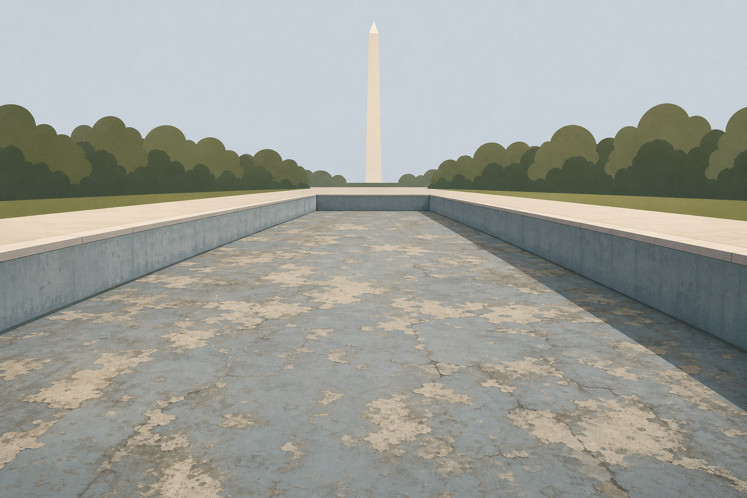 Drained Reflecting Pool reveals faded liner after renovation