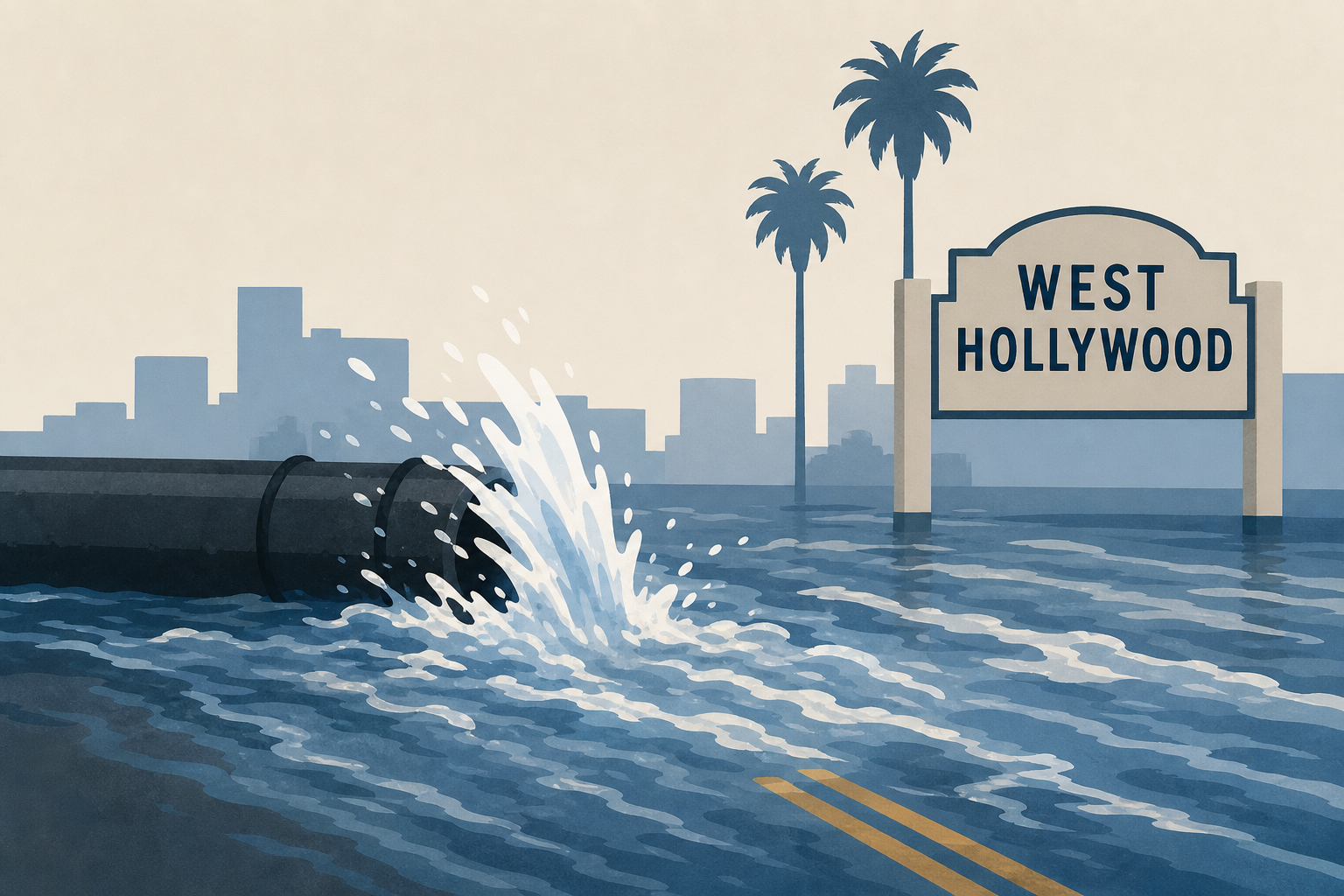 Rushing water floods West Hollywood streets after water main break