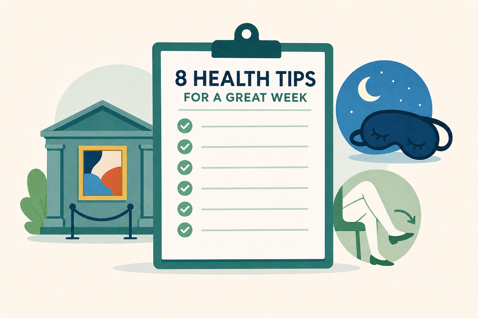 Visit a museum to help slow aging, nap between 1 and 3 p.m. and uncross your legs - plus 6 more health tips to help you have a great week