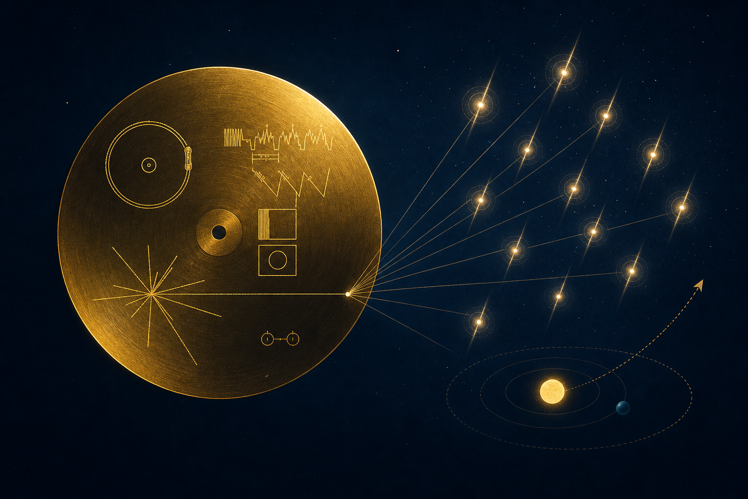 The lines etched into Voyager’s Golden Record cover point towards 14 pulsars whose spinning clocks reveal both where the Sun is and roughly when the spacecraft left — directions designed to work witho