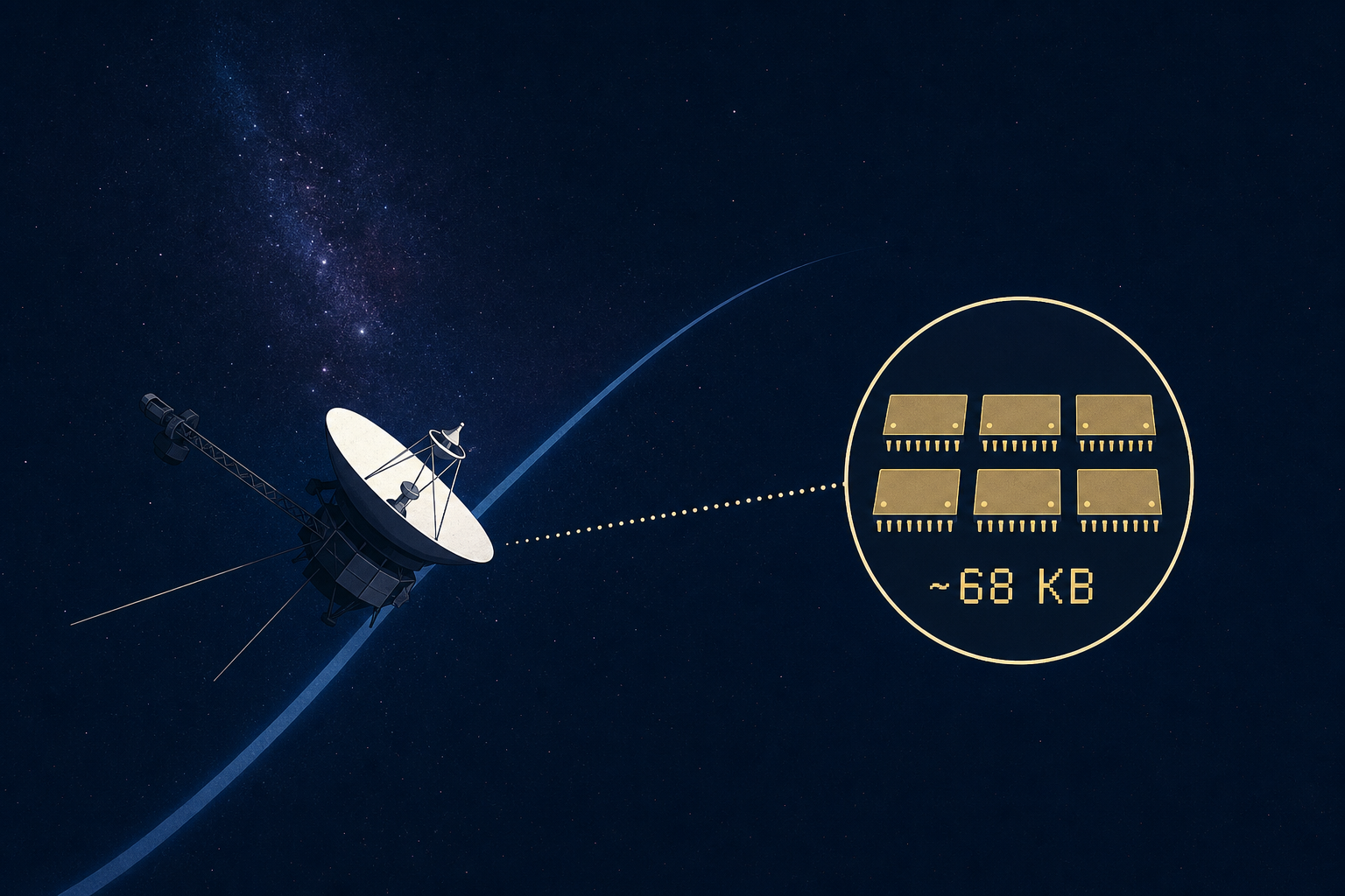 Voyager 1 is still crossing interstellar space with six computers holding about 68 kilobytes of memory between them - less storage than a single compressed photograph on a modern phone