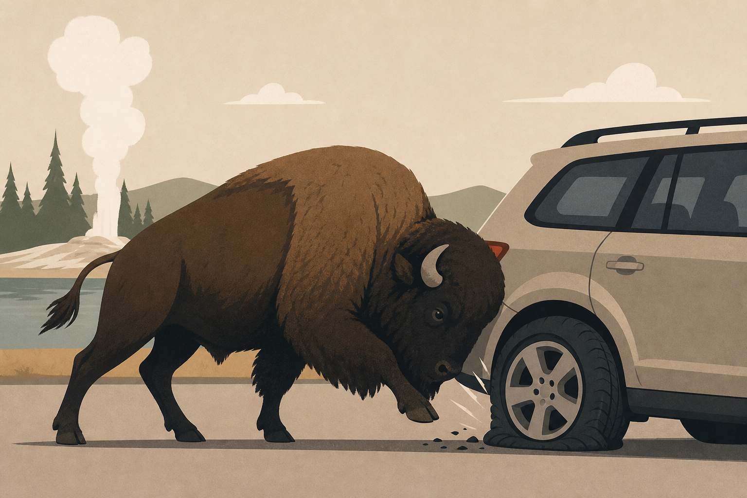 Viral video shows massive bison popping tourist vehicle's tire in Yellowstone National Park
