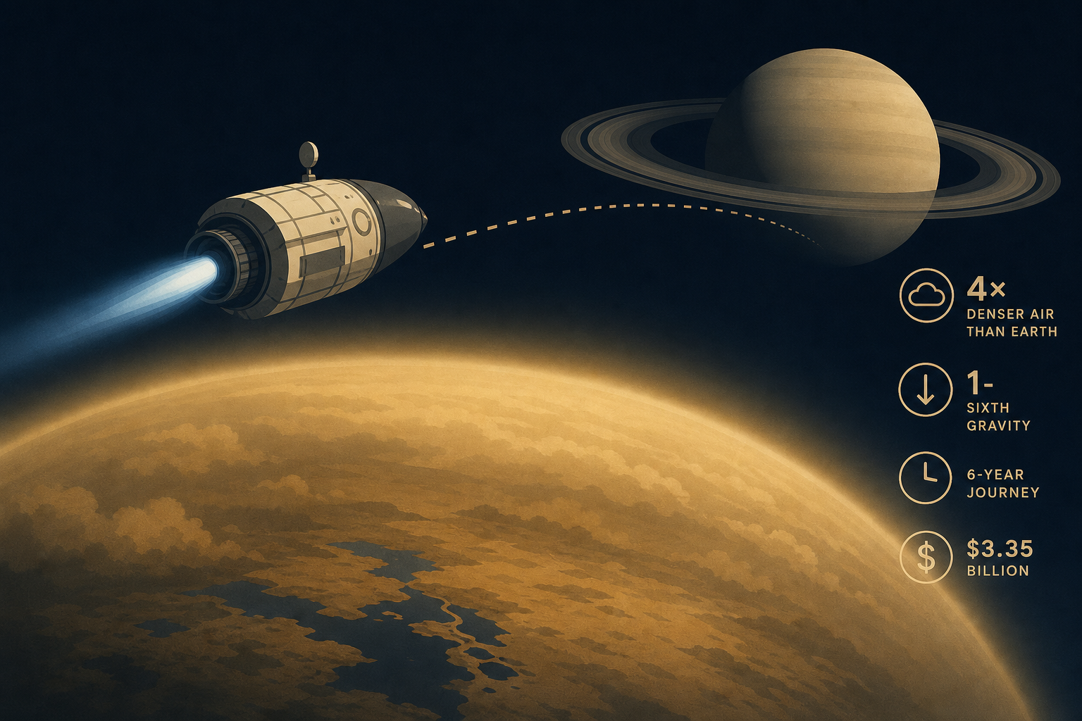 In July 2028 NASA launches a car-sized, 1,000-pound nuclear drone toward Saturn’s moon Titan, a six-year, $3.35 billion trip to a world where the air is four times denser than Earth’s, gravity is one-