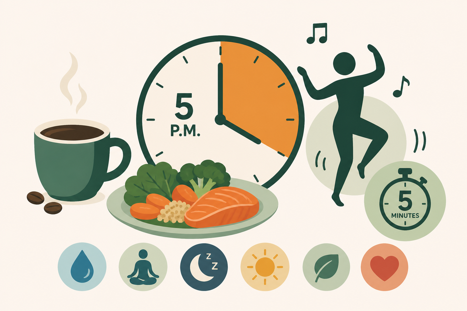Eat dinner at 5 p.m., take a 5-minute dance break and drink coffee - plus 6 more health tips to help you have a great week