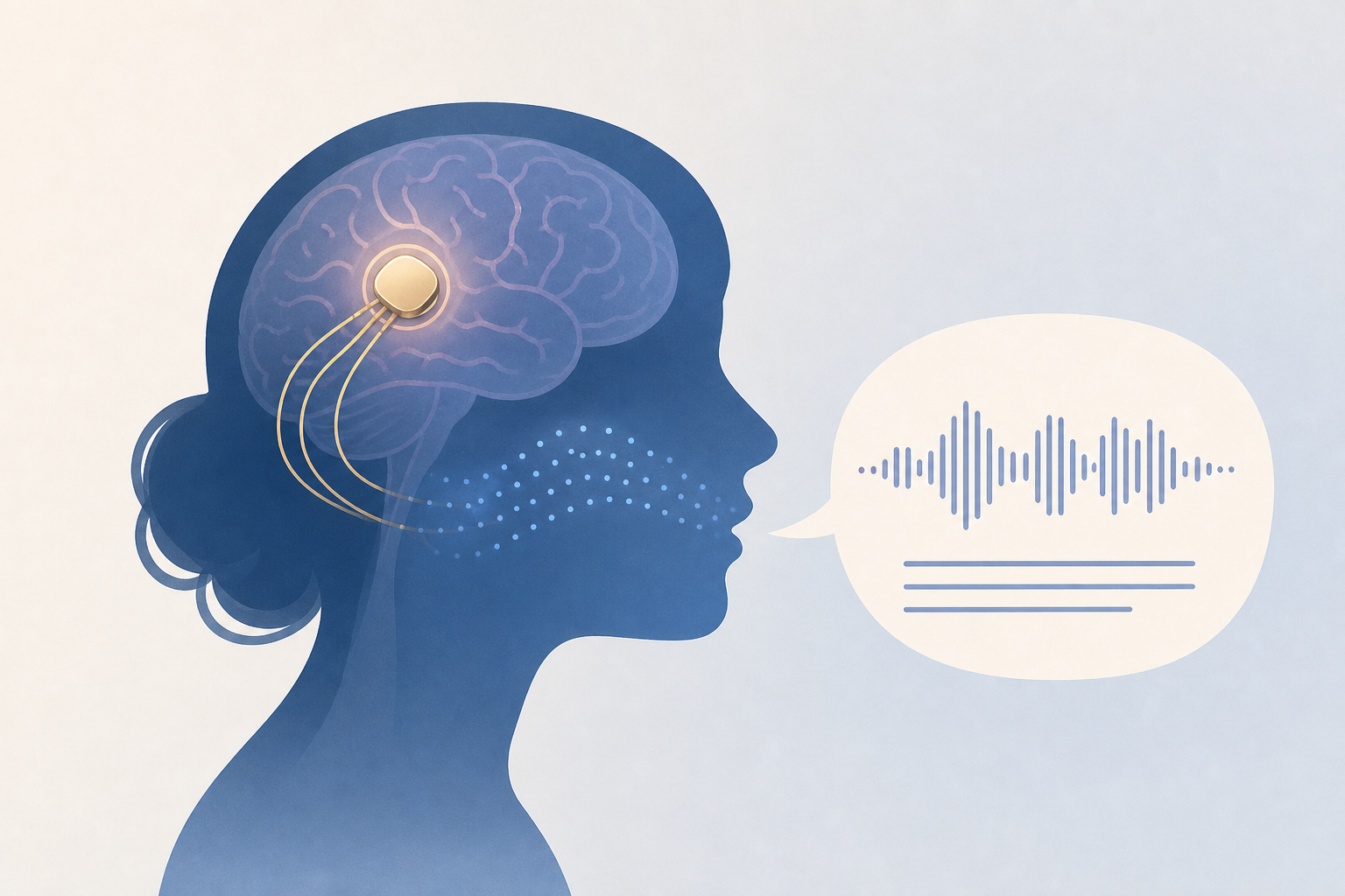 A woman who hadn't spoken an intelligible word in twenty years, silenced by a stroke, can form spoken sentences again — not by moving her mouth but through an experimental implant that reads the speec
