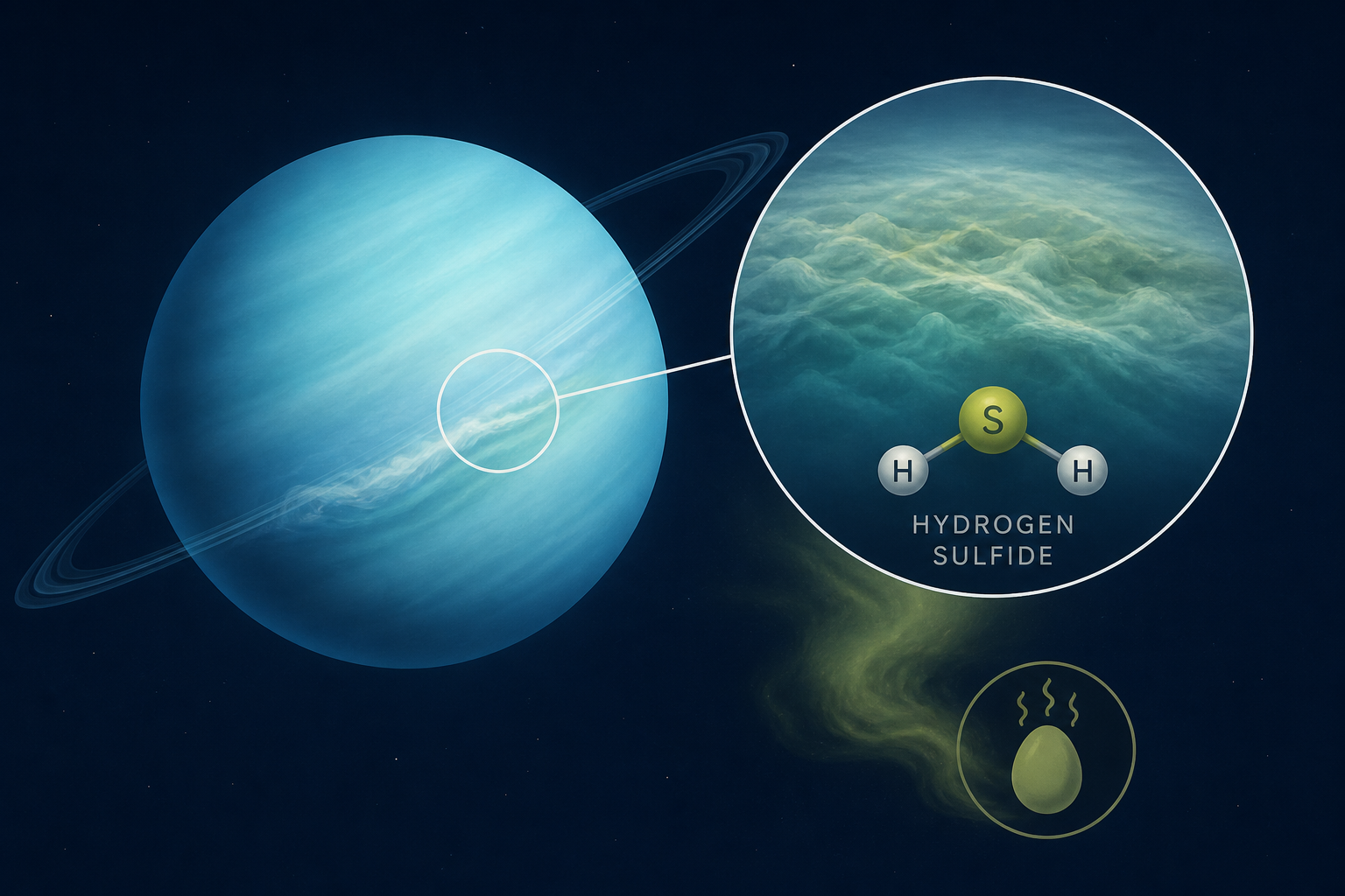 For all its serene blue beauty from afar, Uranus hides a detail that would make a visitor recoil: its cloud tops are laced with hydrogen sulfide, the very gas that gives rotten eggs their stench, so U
