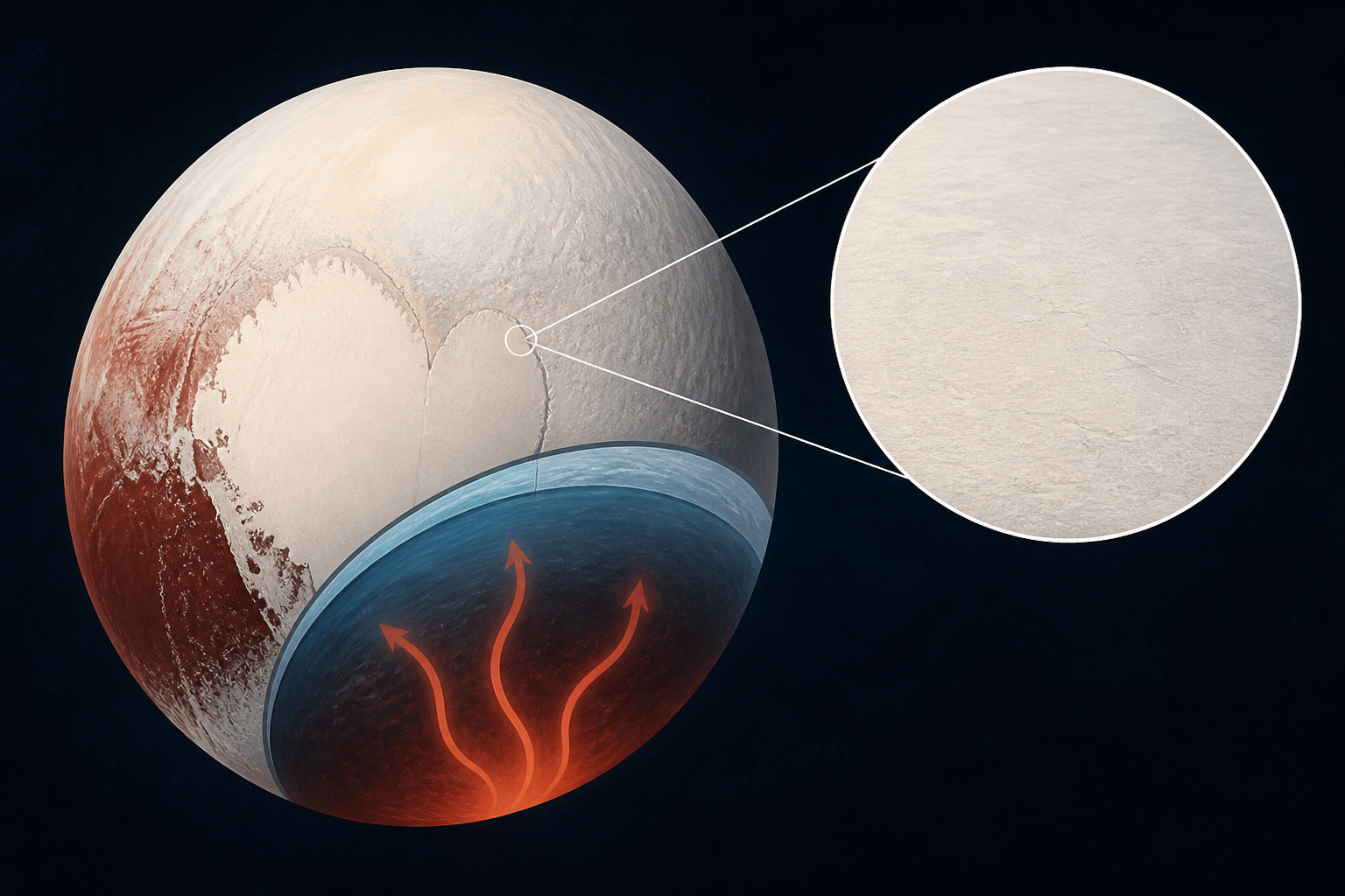 The bright nitrogen ice plain forming the left lobe of Pluto's heart has not a single impact crater anywhere on it, which tells planetary scientists the surface is being churned from below and complet