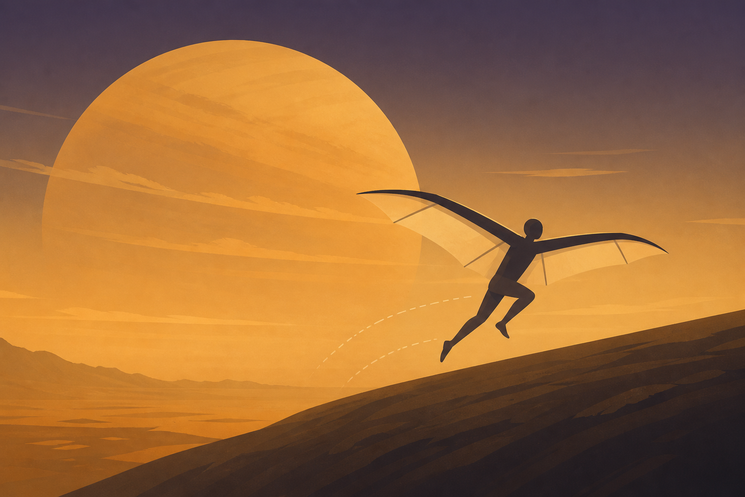 Titan's air is four times thicker than ours and its gravity a seventh as strong, which means a human being there could in principle fly under their own muscle power — strap on wings, run a few paces,