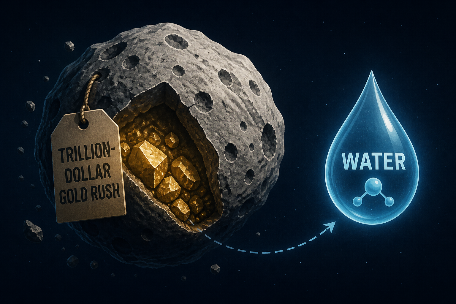 Asteroid mining gets sold as a trillion-dollar gold rush, but the economics point the other way: hauling platinum back to Earth would crash its price, so the only prize that adds up is mining water an