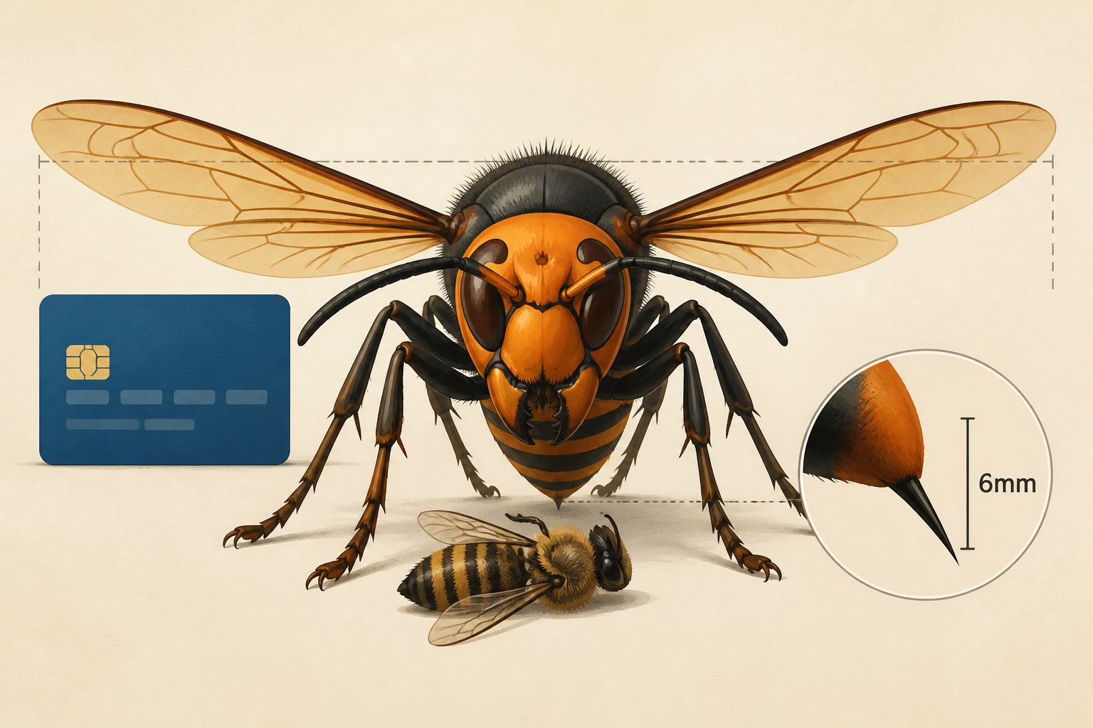 The East Asian 'murder hornet' has a credit-card wingspan, a 6mm stinger, and bee-killing jaws