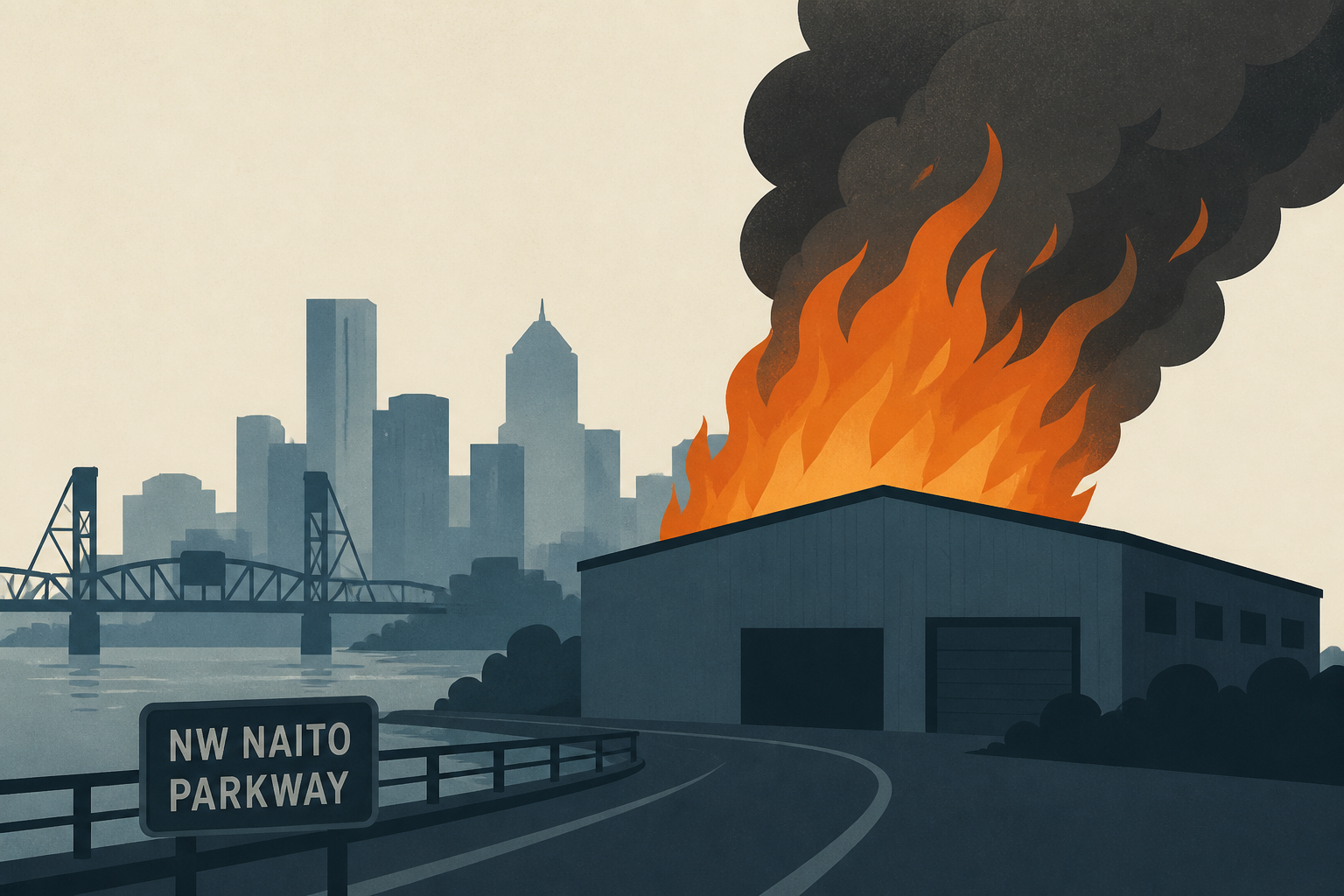 Large fire erupts at vacant Portland warehouse on NW Naito Parkway