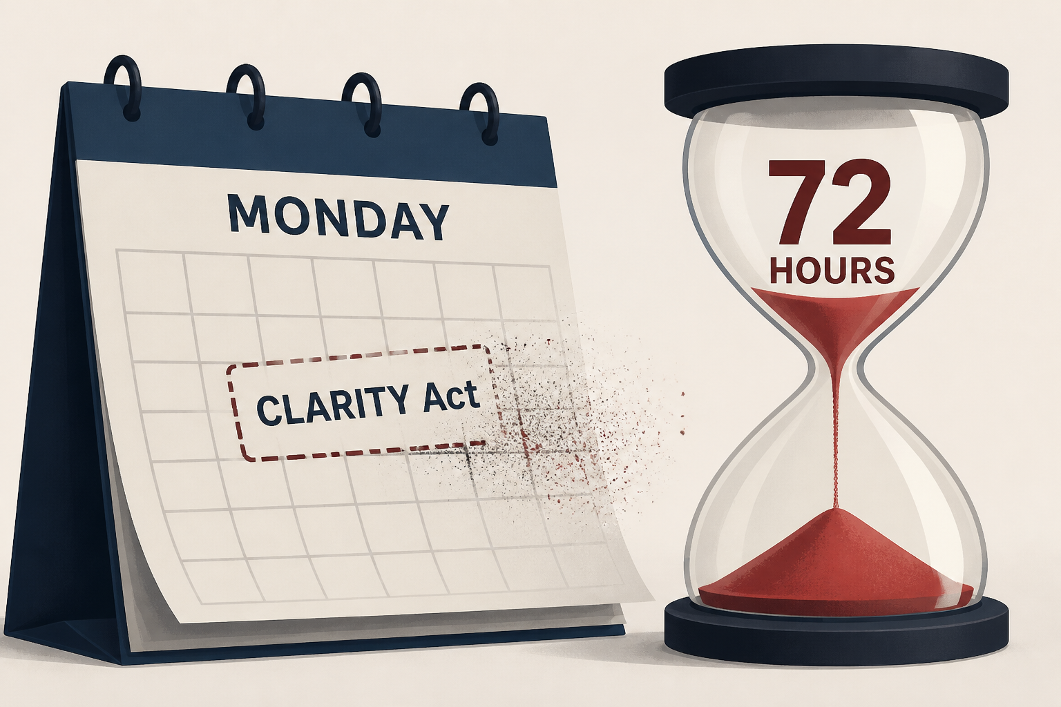 CLARITY Act vanishes from Monday’s Senate schedule, triggering 72-hour countdown to save it before recess