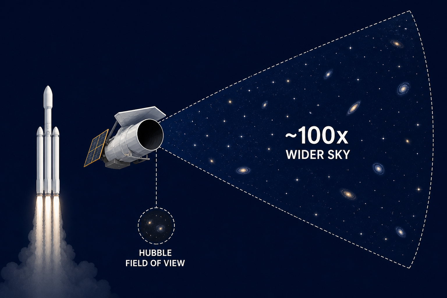 NASA's Nancy Grace Roman Space Telescope, launching on a Falcon Heavy on 30 August 2026, carries a mirror the size of Hubble's but sees a patch of sky about a hundred times wider, built mainly to map