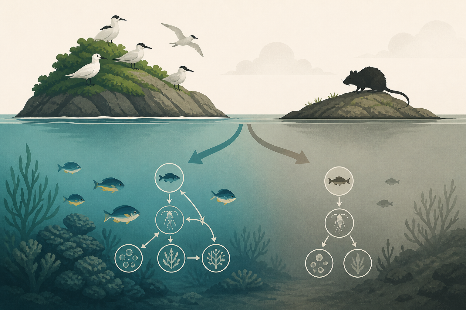 Tiny reef fish flourished beside islands filled with seabirds; where rats removed the birds, the entire underwater food chain took another route