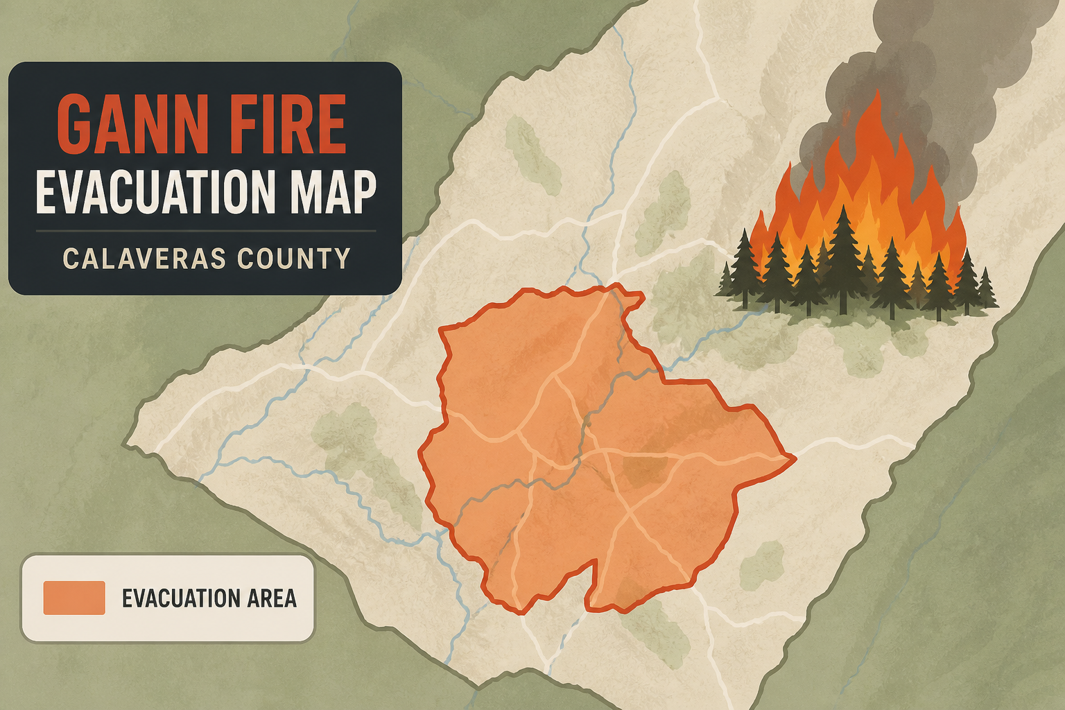 Gann Fire: Evacuation map for fire in Calaveras County