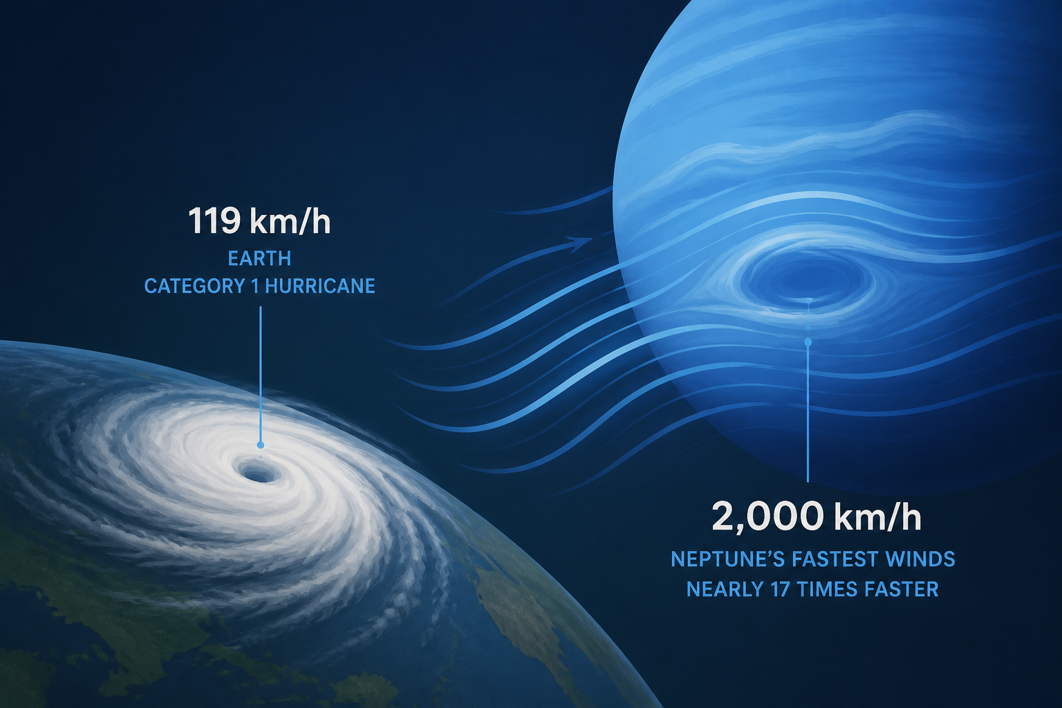 A Category 1 hurricane on Earth begins at 119 km/h. Neptune's fastest winds reach about 2,000 km/h - nearly 17 times faster.