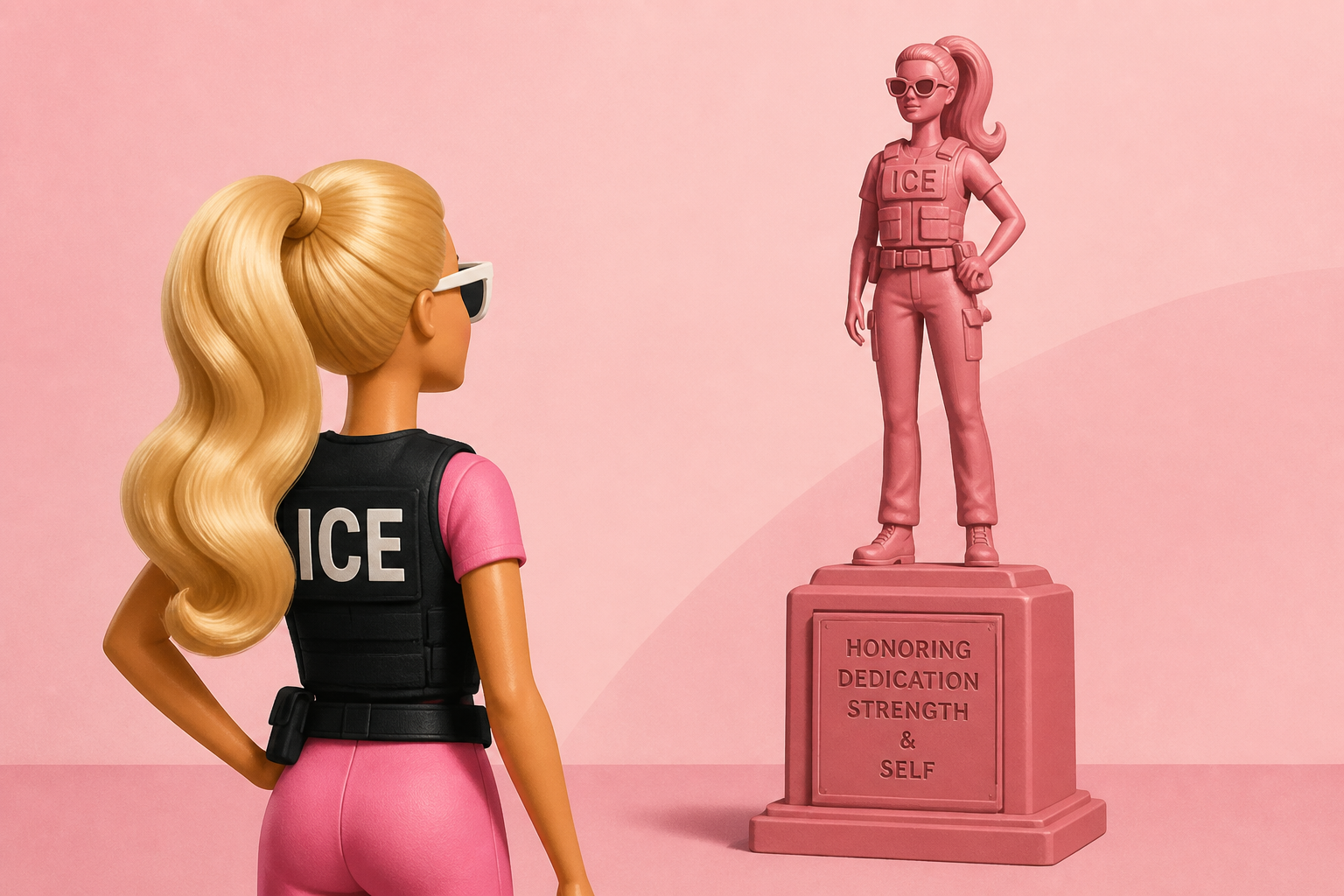 ICE Barbie Shows Up to Admire Statue Honoring Herself