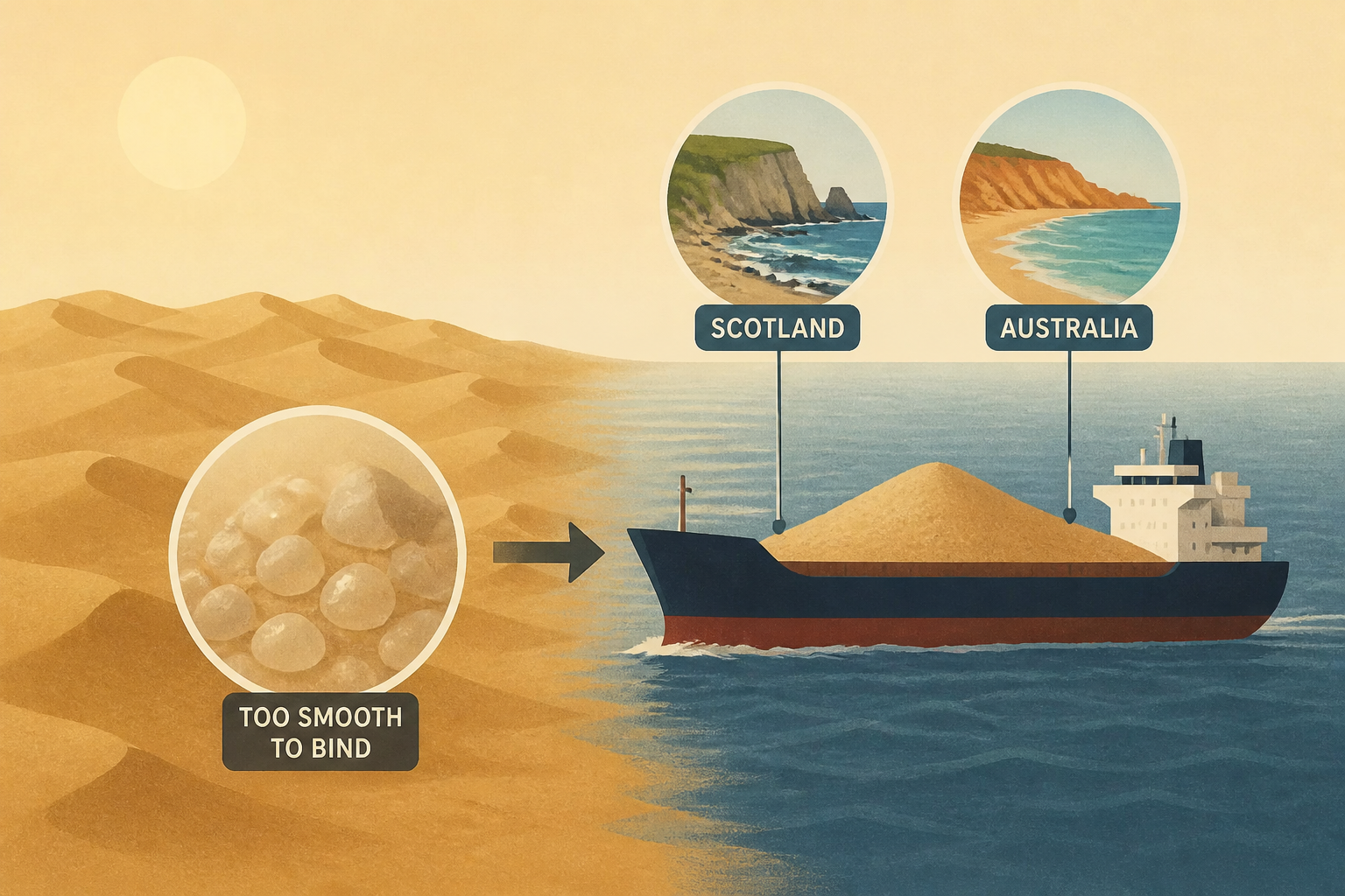 Saudi Arabia sits on the world's largest sand desert and yet imports sand by the shipload from Australia and Scotland, because the wind-rounded grains of the Empty Quarter are too smooth to bind in co