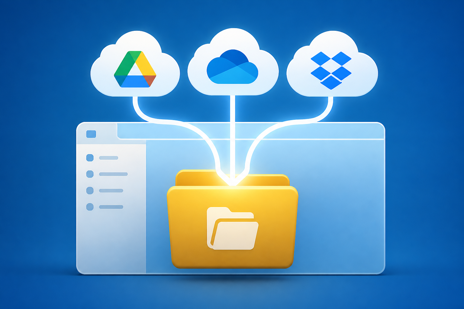 I mounted Google Drive, OneDrive, and Dropbox as one folder on my PC with a single free tool