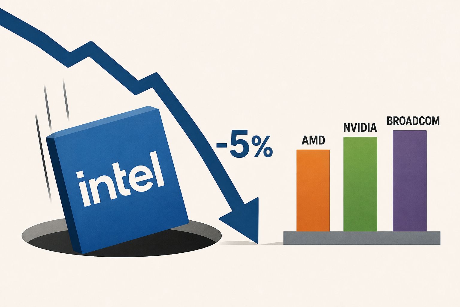 Intel Falls 5% on Proposed $15B Share Sale as AMD, NVIDIA, Broadcom Hold Steady
