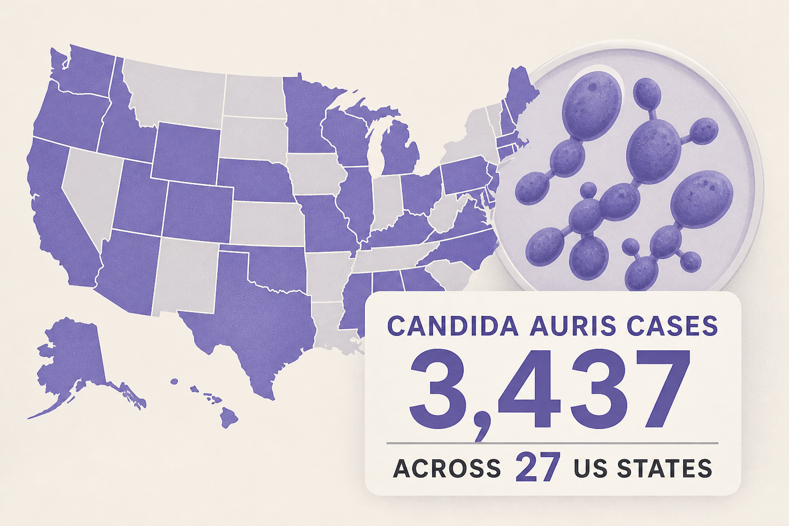 Candida auris cases top 3,437 across 27 US states, CDC data shows