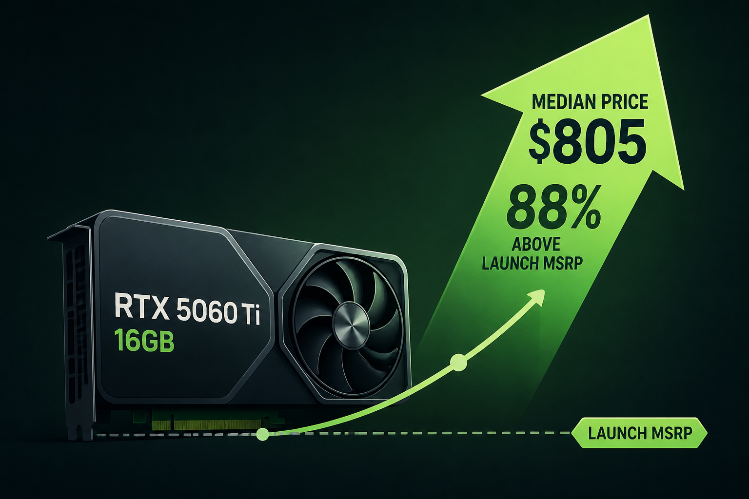 NVIDIA's RTX 5060 Ti 16GB Median Price Surges To $805, Now 88% Above Its Launch MSRP