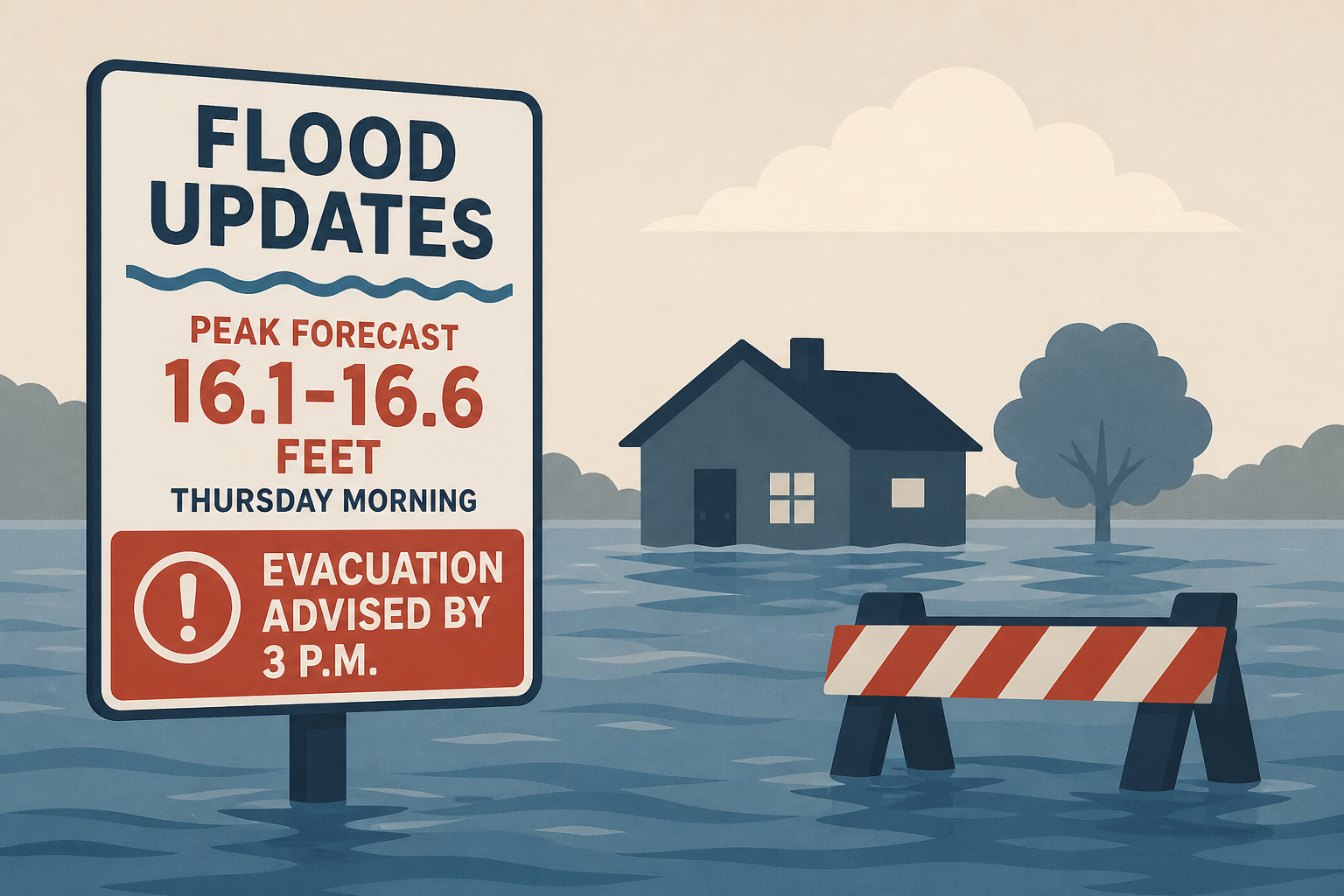 Flood updates Wednesday: Peak of 16.1-16.6 feet Thursday morning still forecast, evacuation advised by 3 p.m.