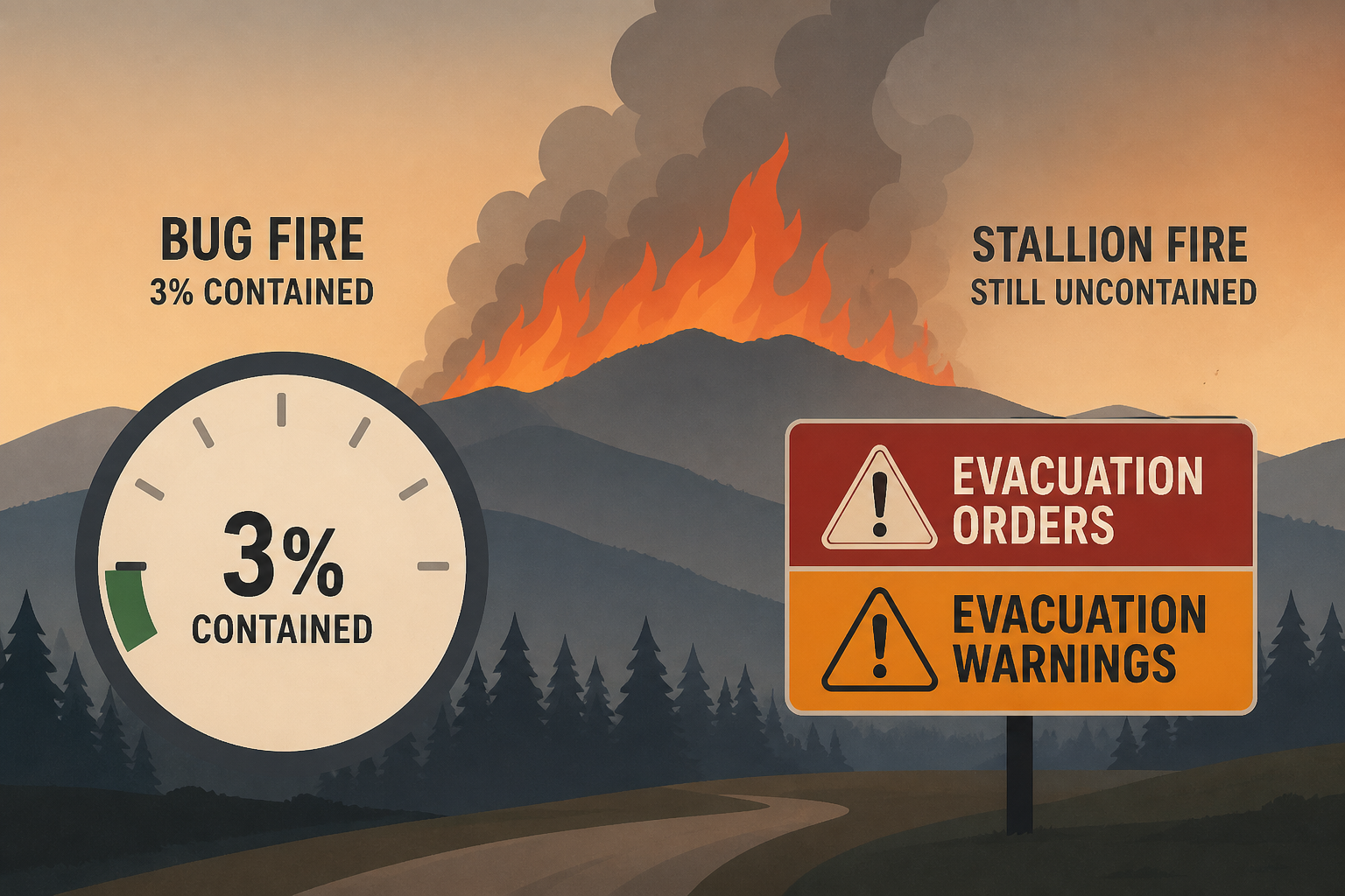 Bug Fire now 3% contained, Stallion Fire still uncontained, evacuation orders and warnings remain