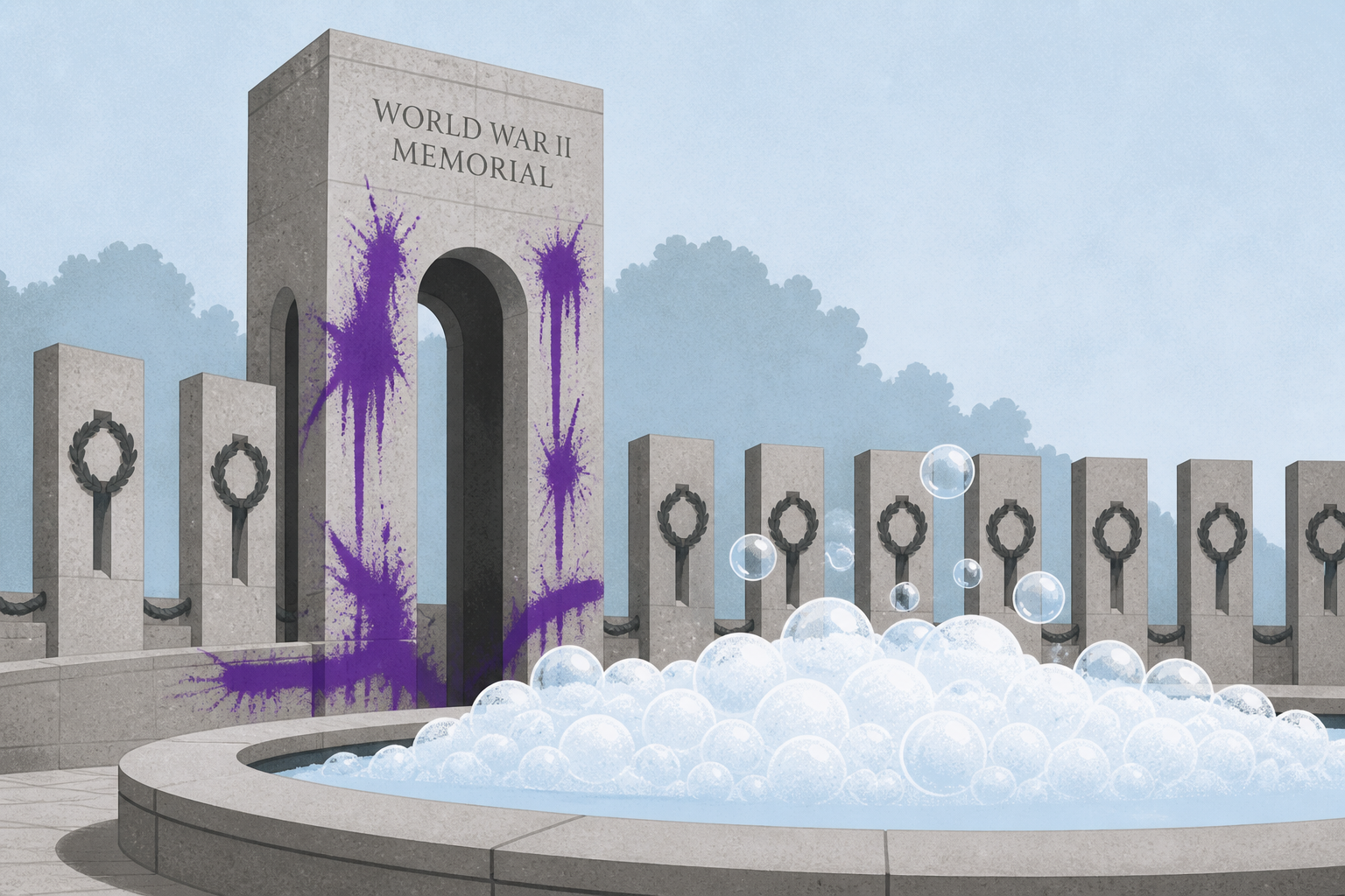 World War II Memorial vandalized, fountain full of bubbles