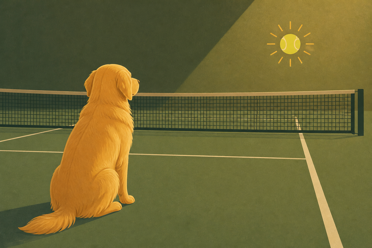 Golden Retriever Waits at Empty Tennis Court Hoping Someone Will Throw a Ball, Then This Happens